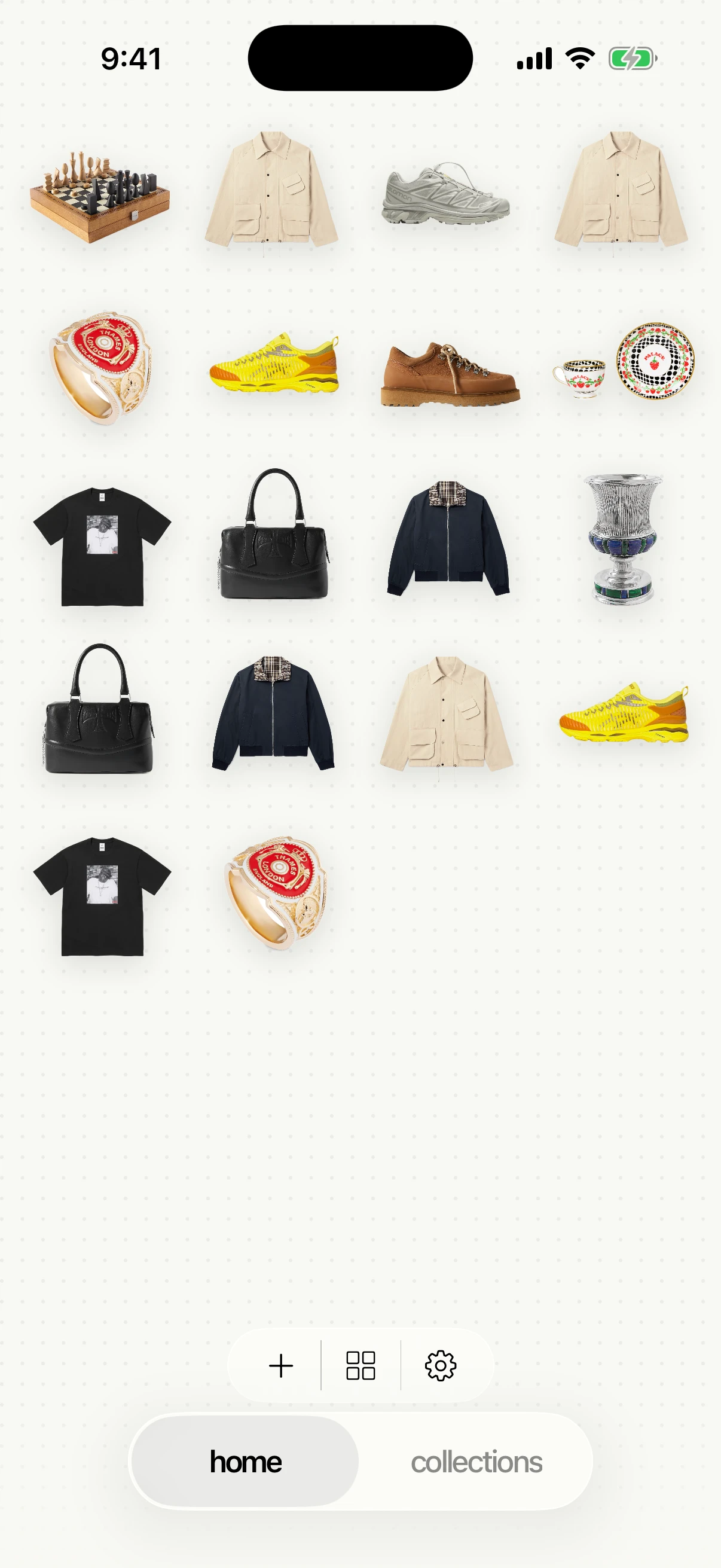 A dense grid of saved products